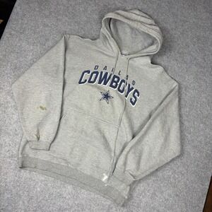 Vintage Reebok Dallas Cowboys Hoodie Mens Large Gray Distressed NFL Sweatshirt